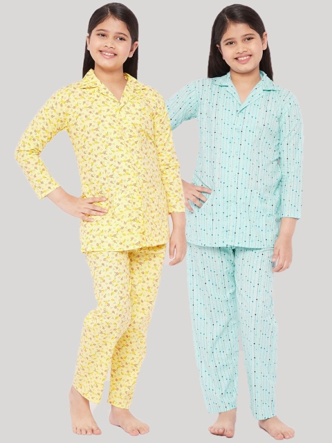 

KYDZI Girls Pack of 2 Yellow & Green Printed Cotton Night suit