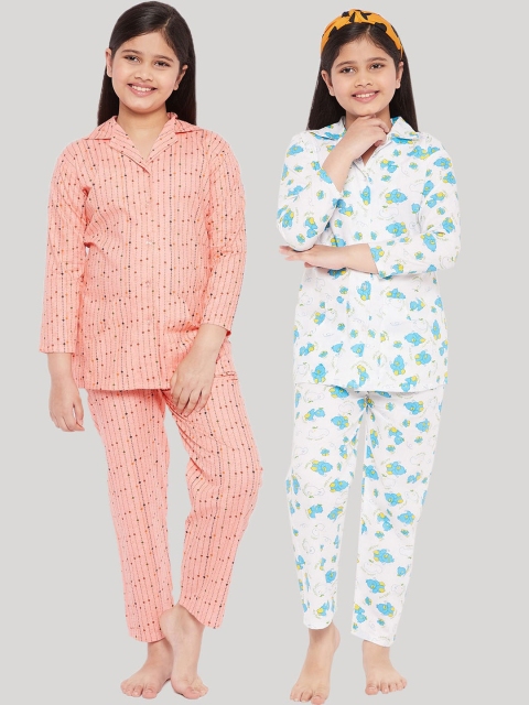 

KYDZI Girls Peach-Coloured & White Printed Night suit