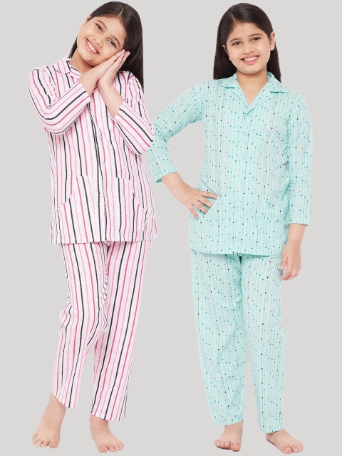 

KYDZI Girls Pack Of 2 White & Green Printed Pure Cotton Night Suit