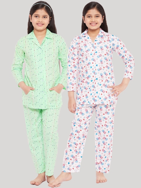 

KYDZI Girls Green & White Printed Night suit