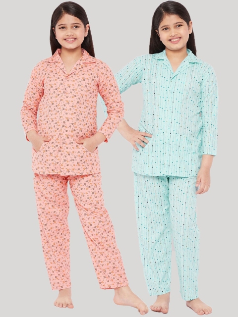 

KYDZI Girls Pack of 2 Blue & Peach-Coloured Printed Night suit