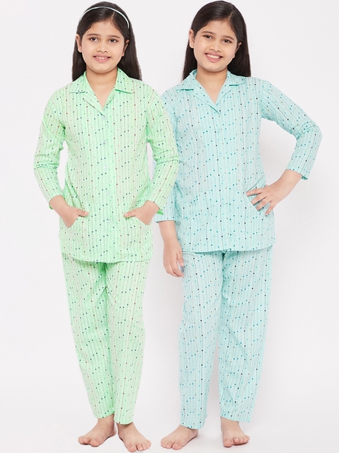 

KYDZI Girls Pack of 2 Blue & Green Printed Cotton Night Suit
