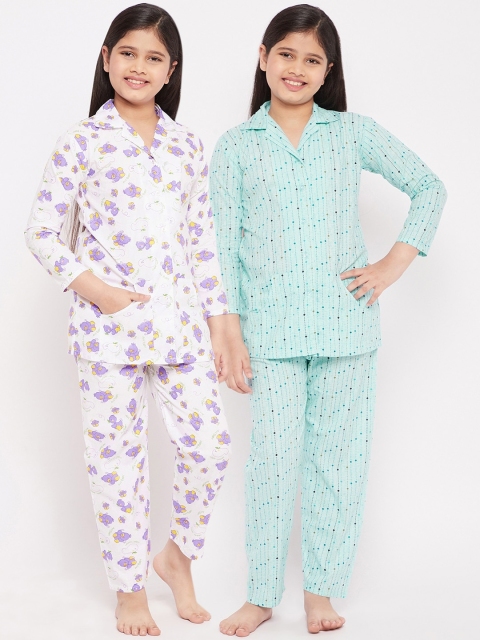 

KYDZI Girls Pack Of 2 Girls Blue & Purple Pure Cotton Printed Night suit