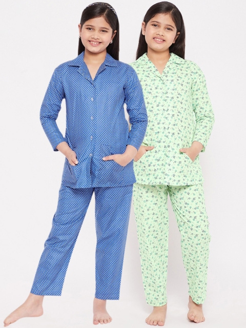 

KYDZI Girls Green & Blue Printed Night suit