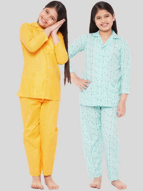 

KYDZI Girls Pack Of 2 Green & Yellow Printed Night suit