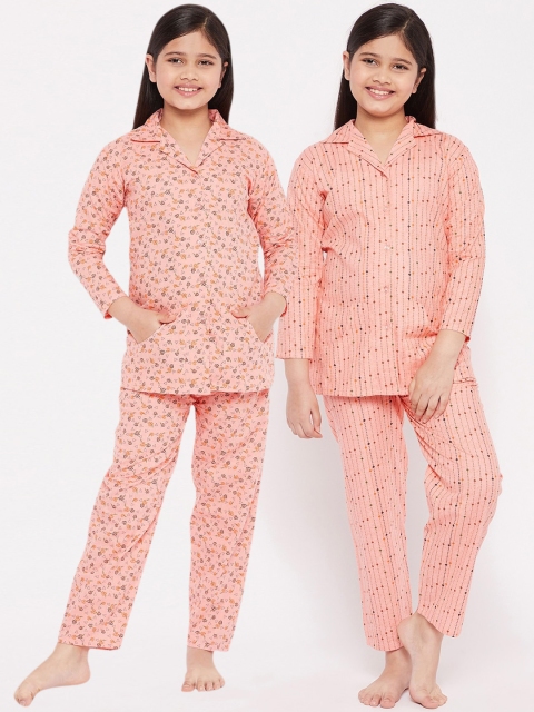 

KYDZI Girls Pack of 2 Peach-Coloured Pure Cotton Printed Night suit