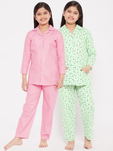 

KYDZI Girls Green & Pink Printed Night suit