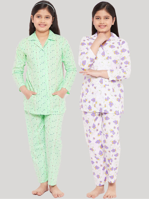 

KYDZI Girls Green & White Printed Night suit
