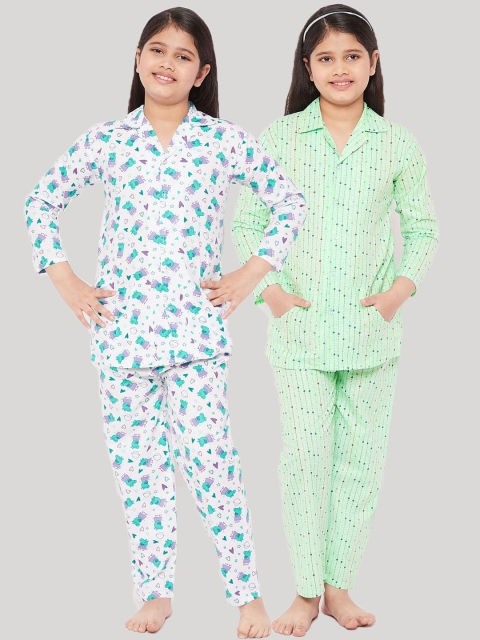

KYDZI Girls Green & White Printed Night suit