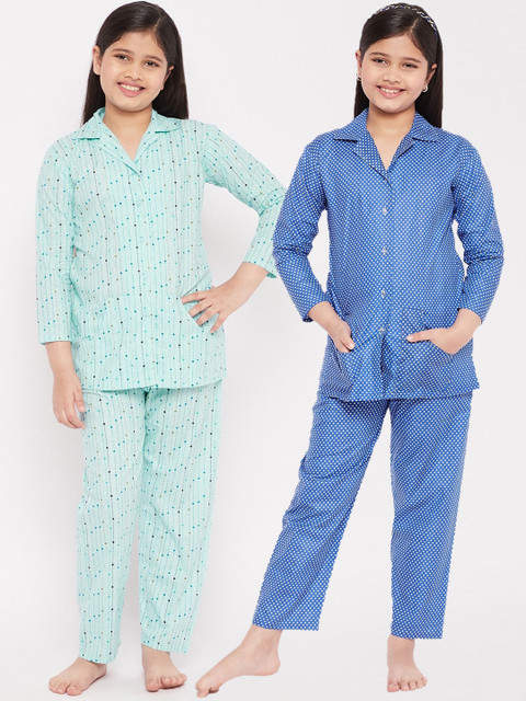 

KYDZI Girls Pack of 2 Blue & Green Printed Pure Cotton Night suit