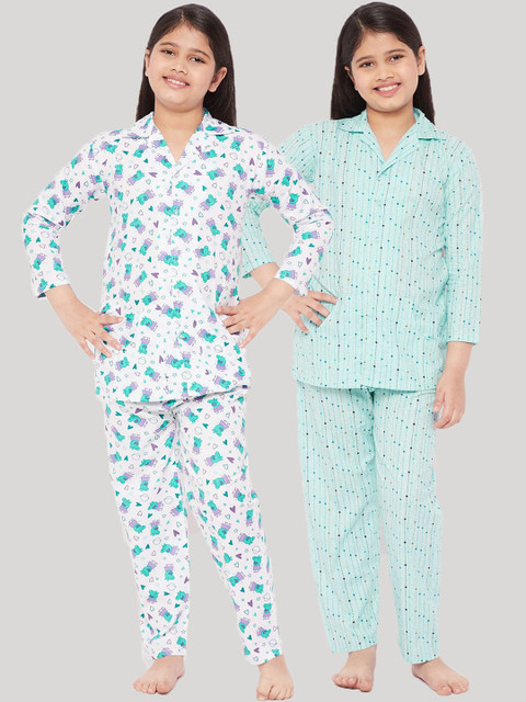 

KYDZI Girls Pack of 2 White & Green Printed Cotton Night suit