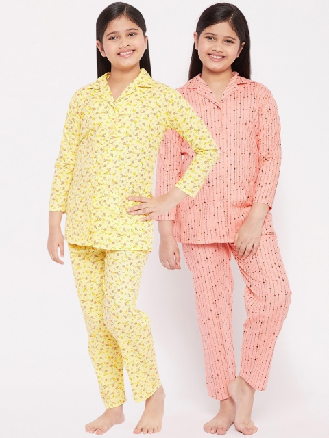 

KYDZI Girls Pack of 2 Yellow & Pink Printed Pure Cotton Night suit