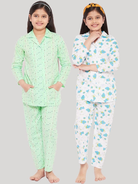 

KYDZI Girls Pack of 2 Green & Blue Printed Pure Cotton Night suit
