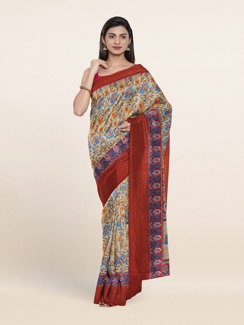 

Pothys Cream-Coloured & Red Floral Zari Saree