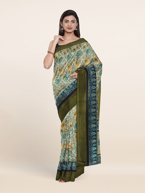 

Pothys Cream-Coloured & Blue Ethnic Motifs Cotton Blend Saree