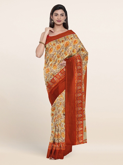 

Pothys Cream-Coloured & Orange Floral Saree