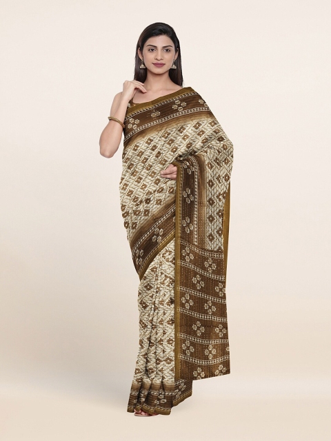 

Pothys Cream-Coloured & Brown Printed Saree