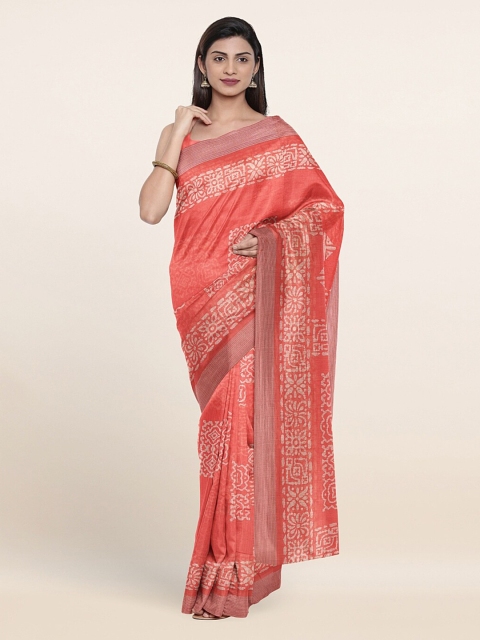 

Pothys Peach-Coloured & White Ethnic Motifs Saree