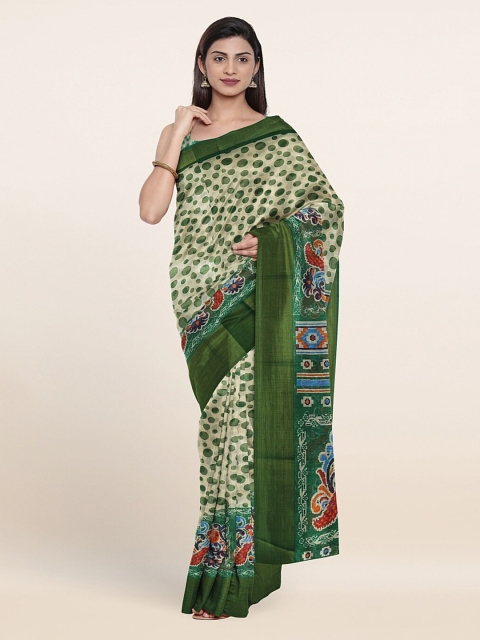 

Pothys Cream-Coloured & Green Ethnic Motifs Cotton Blend Saree