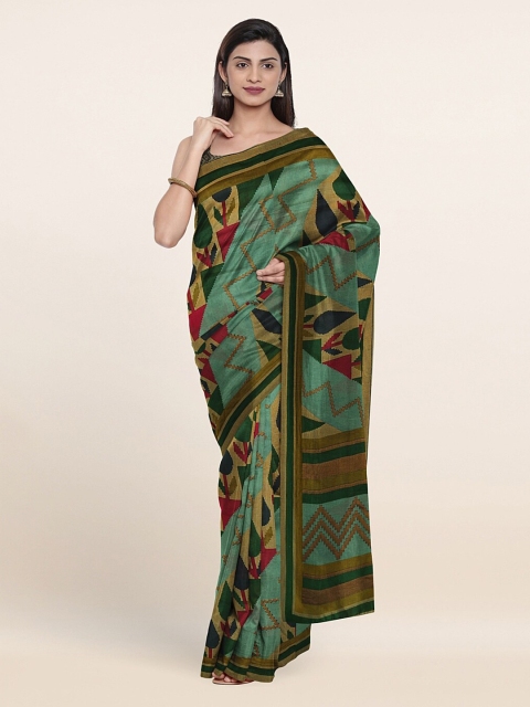 

Pothys Green Floral Printed Jute Silk Saree
