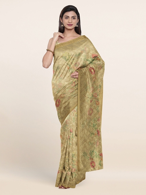 

Pothys Lime Green & Pink Floral Zari Poly Chiffon Saree