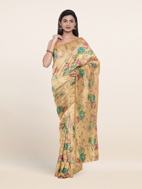 

Pothys Peach-Coloured & Green Floral Poly Chiffon Saree