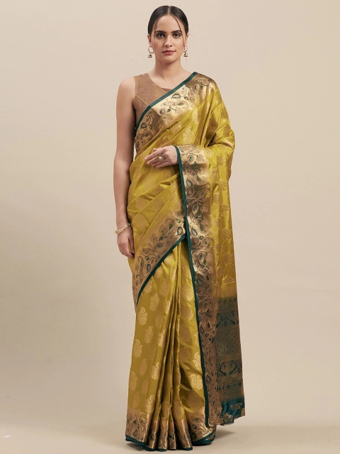

Mitera Golden & Teal Blue Floral Art Silk Saree, Gold