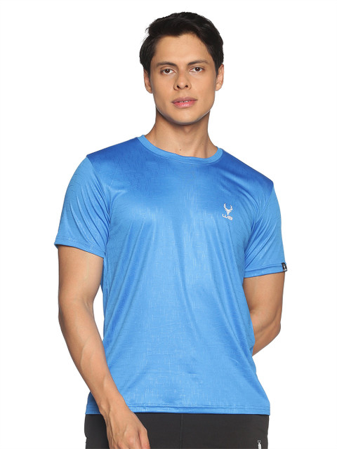 

Wildbrocket Men Blue Printed Drop-Shoulder Sleeves Slim Fit Training or Gym T-shirt
