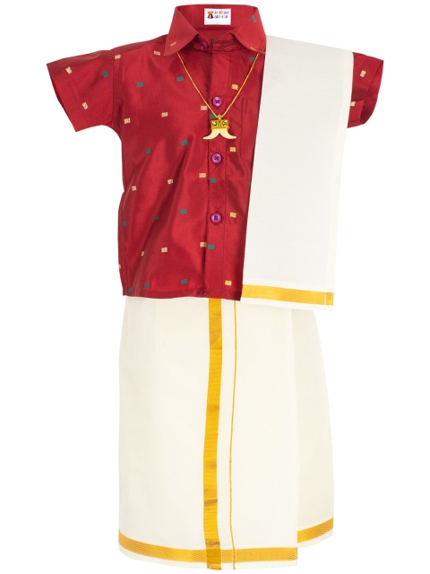 

AMIRTHA FASHION Boys Maroon & Cream-Coloured Embellished Shirt with Dhoti