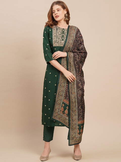 

FASHOR Women Green Embroidered Sequinned Pure Silk Kurta with Palazzos & With Dupatta