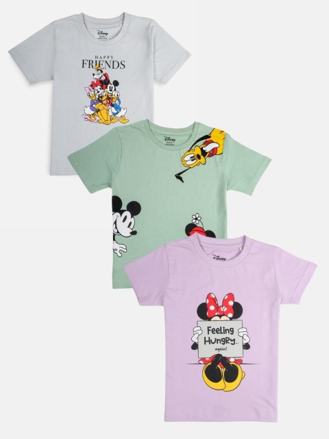 

Nap Chief Girls Grey & Green Pack Of 3 Mickey Mouse Printed Slim Fit T-shirts