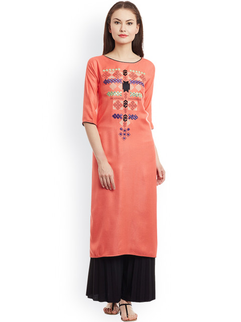 

AgrohA Women Peach-Coloured Solid Straight Kurta