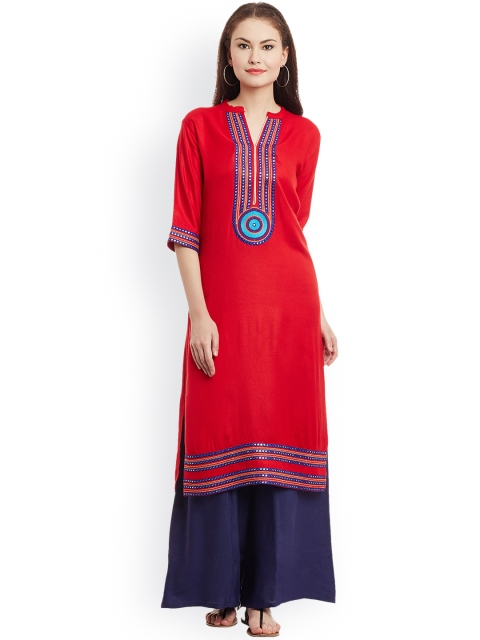 

AgrohA Women Red Solid Straight Kurta