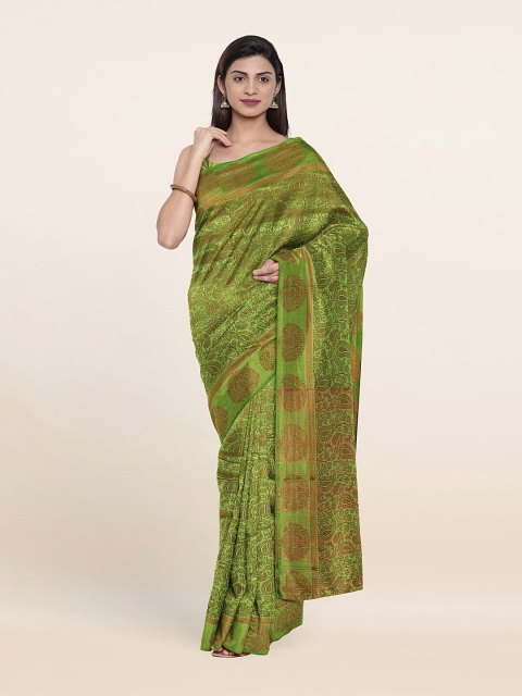 

Pothys Green & Brown Floral Zari Cotton Blend Saree