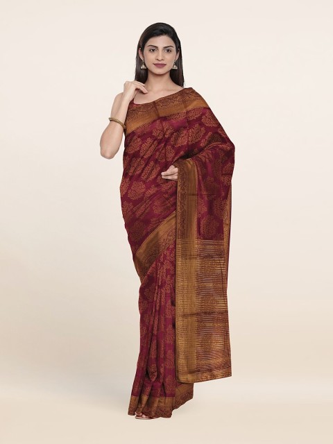 

Pothys Maroon & Gold-Toned Floral Zari Art Silk Saree