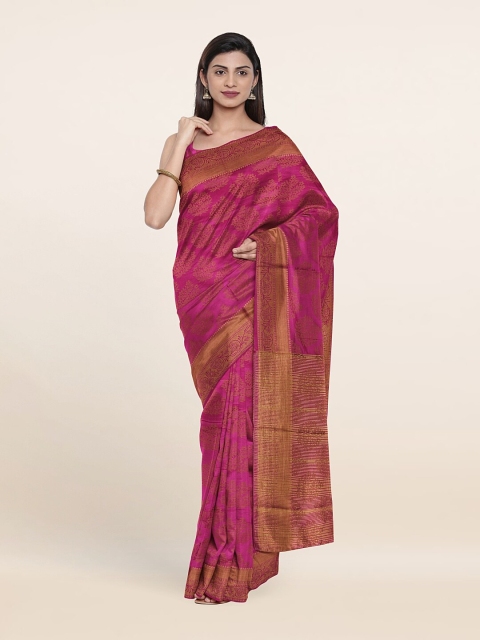 

Pothys Pink & Gold-Toned Floral Zari Cotton Blend Saree