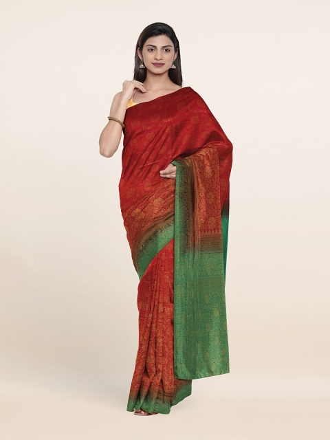 

Pothys Red & Green Floral Zari Cotton Blend Saree