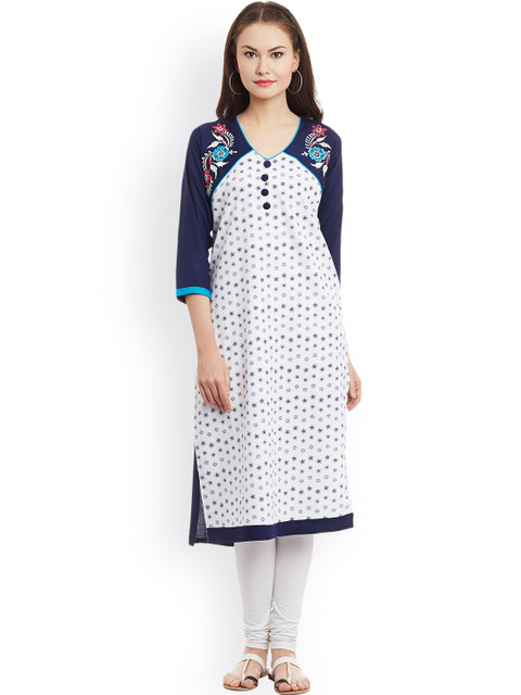 

AgrohA Women Navy Blue & White Printed Straight Kurta