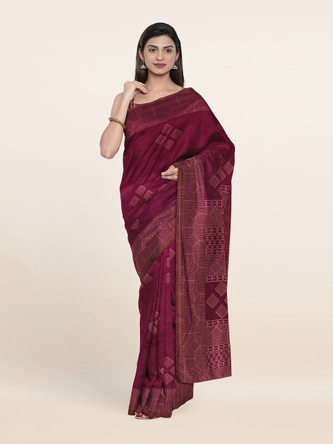 

Pothys Maroon & White Cotton Blend Saree