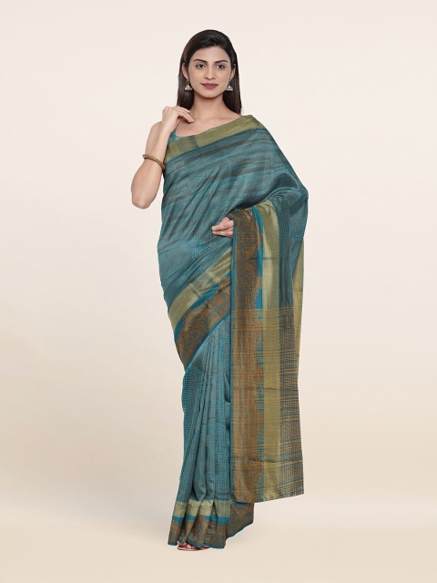 

Pothys Blue & Brown Floral Zari Cotton Blend Saree