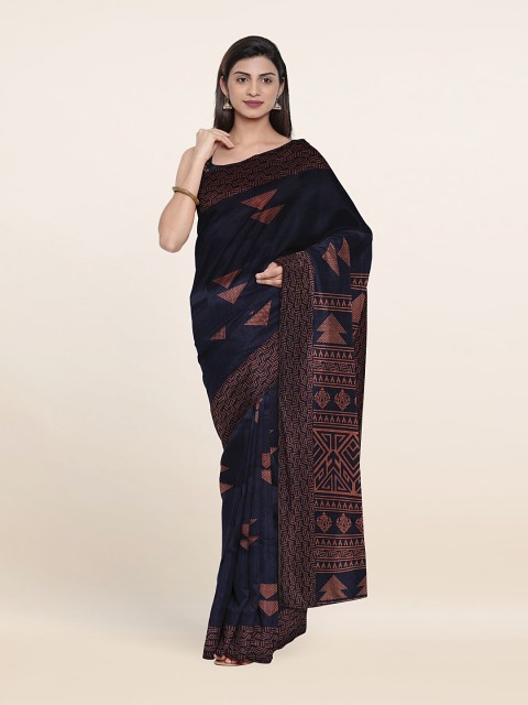 

Pothys Navy Blue & Orange Cotton Blend Saree