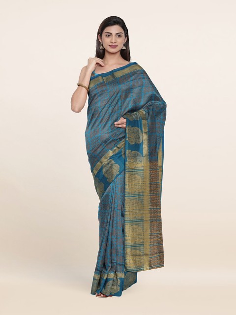 

Pothys Blue & Black Floral Zari Cotton Blend Saree