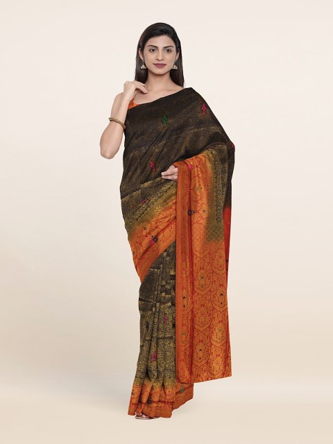 

Pothys Navy Blue & Rust Floral Zari Art Silk Saree