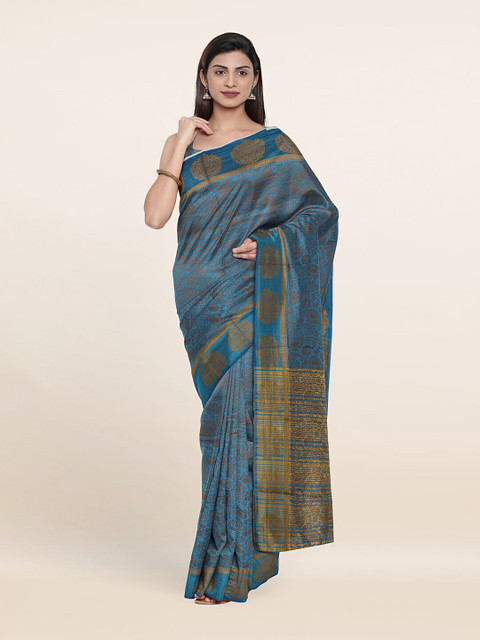 

Pothys Blue & Gold-Toned Floral Zari Art Silk Saree