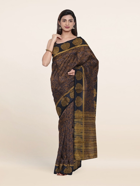 

Pothys Navy Blue & Gold-Toned Floral Cotton Blend Saree
