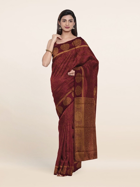 

Pothys Maroon & Gold-Toned Woven Design Zari Cotton Blend Saree