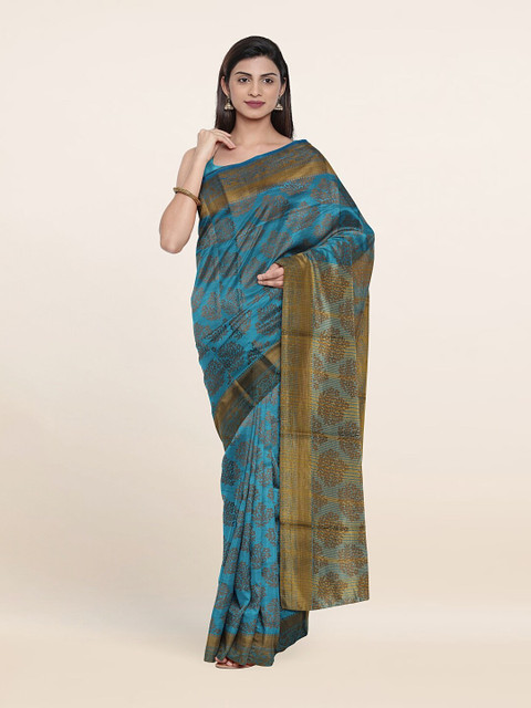 

Pothys Blue & Gold-Toned Ethnic Motifs Woven Design Saree