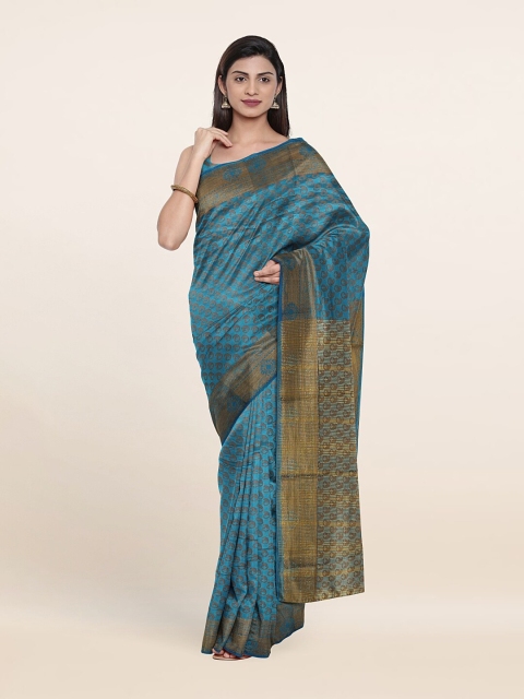 

Pothys Blue & Gold-Toned Woven Design Zari Cotton Blend Saree