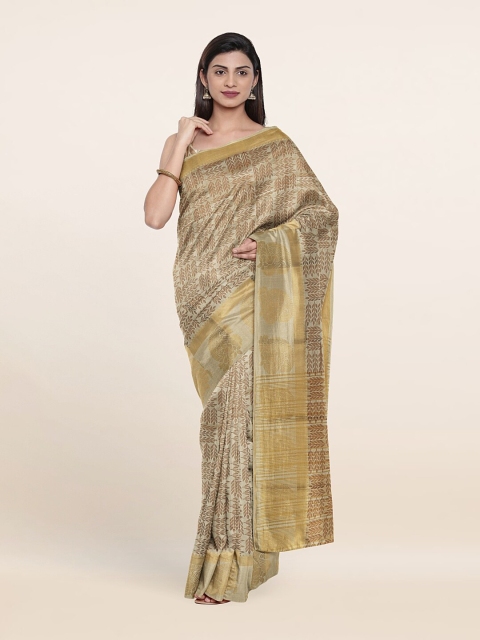 

Pothys Cream-Coloured & Gold-Toned Geometric Printed Saree