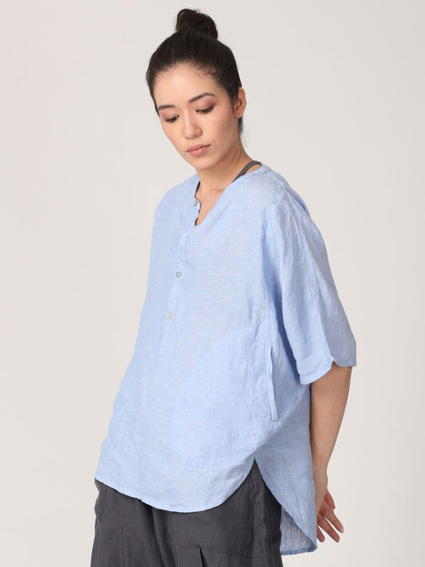 

Proyog Blue Mandarin Collar Extended Sleeves Bohemian Linen Styled Back Top